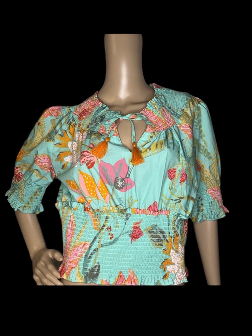 Spartina Floral Smocked Aqua Peasant Top with Tassel Tie medium